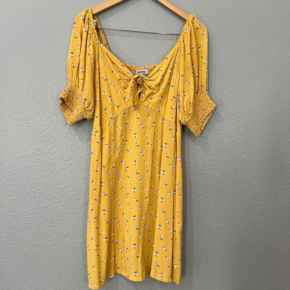 Mimi Chica Mini Yellow Dress Puff Sleeves Tie-Front Neckline 2X